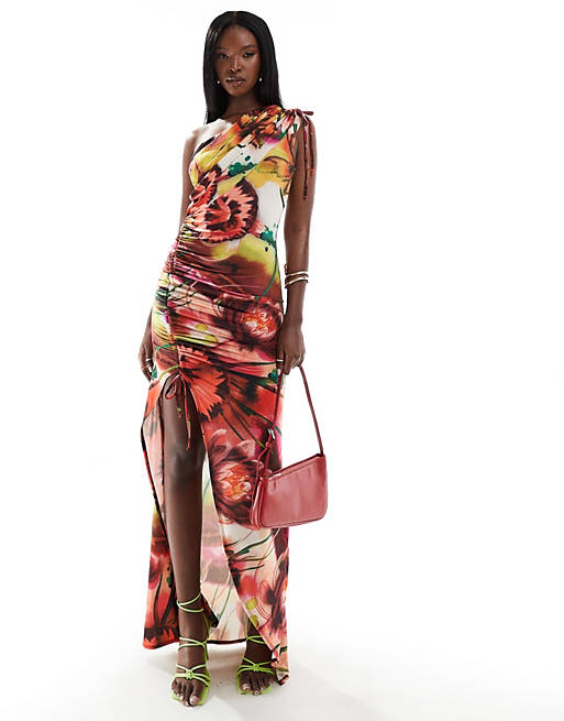 ASOS DESIGN one shoulder drawstring maxi dress in bright floral print ...