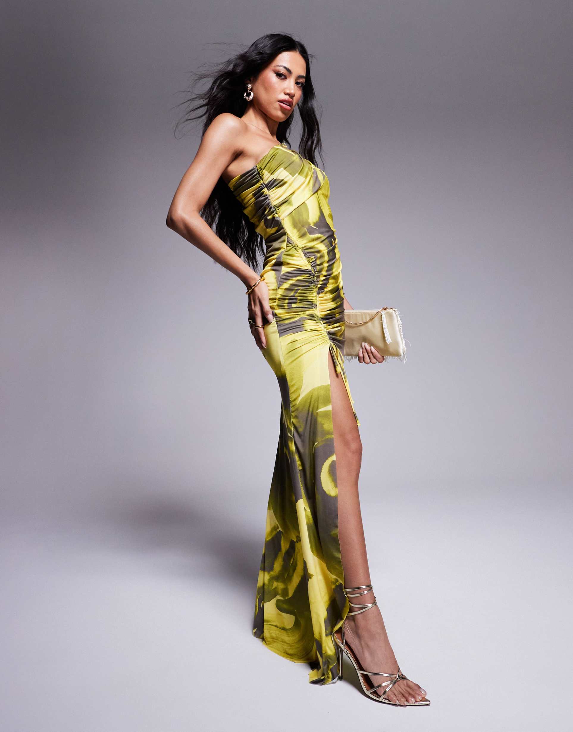 asos design one shoulder drawstring maxi dress in lime floral print