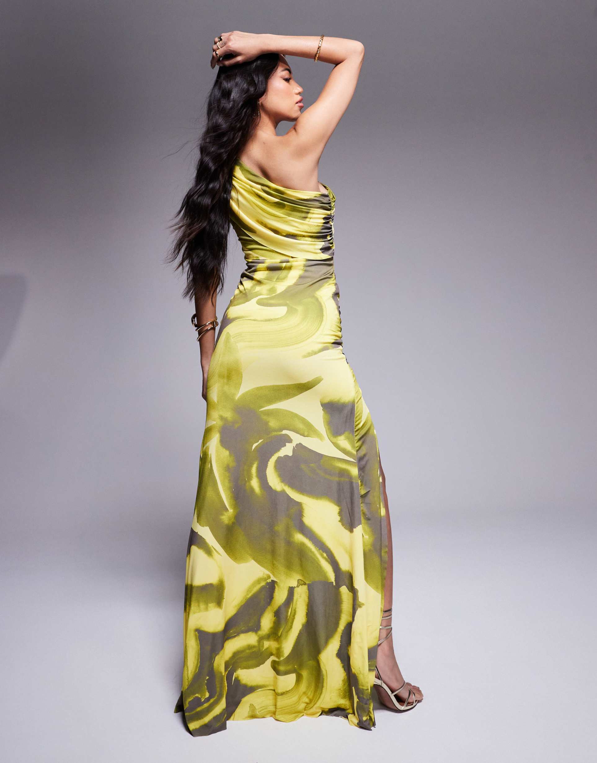 asos design one shoulder drawstring maxi dress in lime floral print
