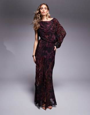 Asos Design One Shoulder Embellished Maxi Dress In Burgundy Abstract Print-blue