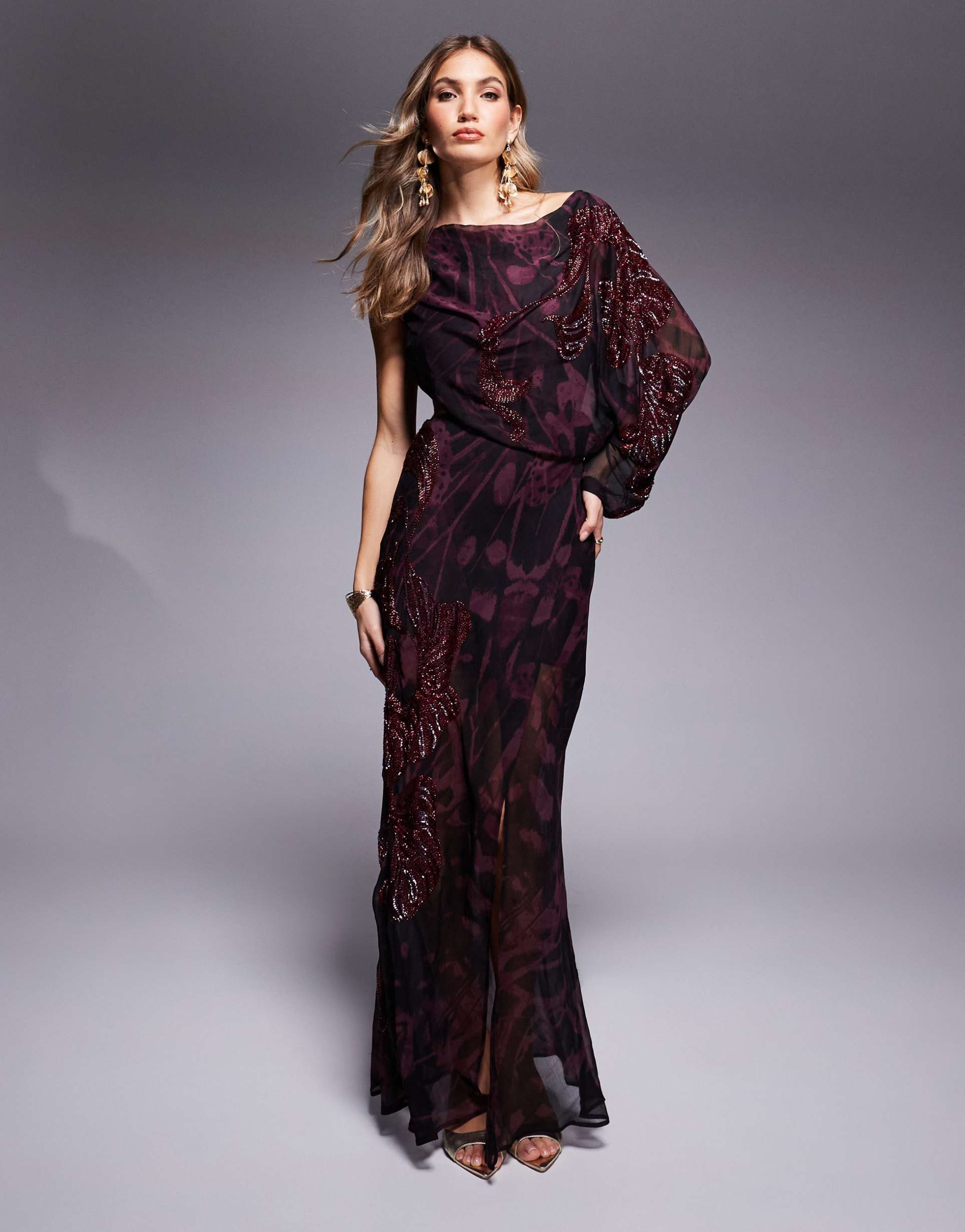 asos design one shoulder embellished maxi dress in burgundy abstract print