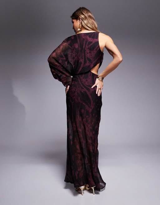 ASOS DESIGN one shoulder embellished maxi dress in burgundy abstract print