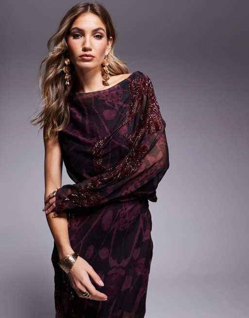 ASOS DESIGN one shoulder embellished maxi dress in burgundy abstract print
