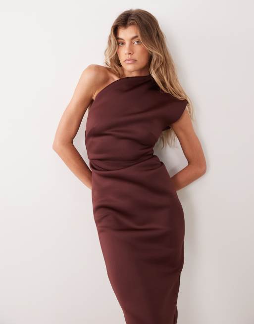 ASOS DESIGN One-Shoulder-Etui-Maxikleid mit Drapierung und Taillendetail in Schokobraun in Scuba-Optik, 2 von 4