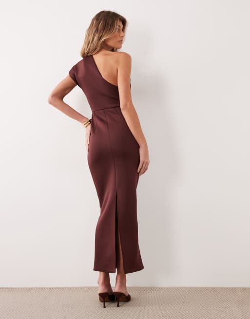 ASOS DESIGN One-Shoulder-Etui-Maxikleid mit Drapierung und Taillendetail in Schokobraun in Scuba-Optik, 4 von 4
