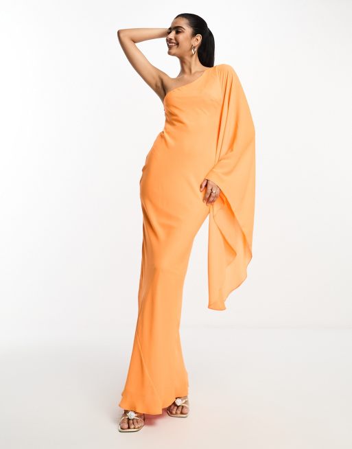 asos orange off the shoulder dress ASOS DESIGN off shoulder ruffle hem mesh maxi dress in orange abstract  print