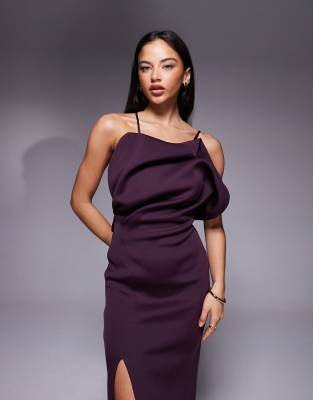 Asos Design One Shoulder Exaggerated Twist Midi Dress In Brown