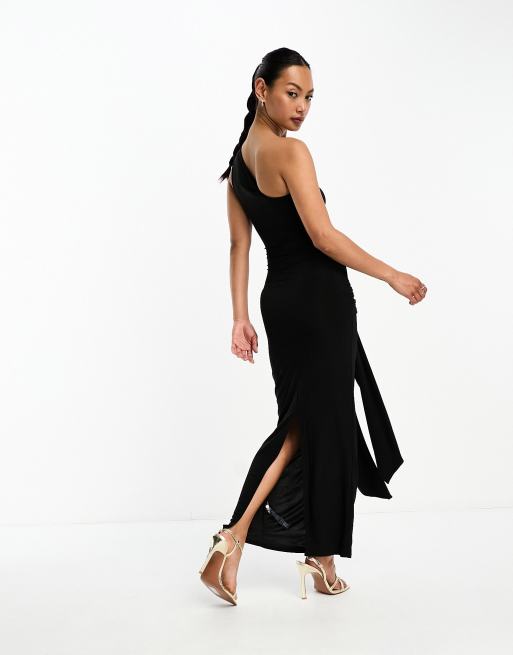 ASOS DESIGN one shoulder extreme knot sash midaxi dress in black