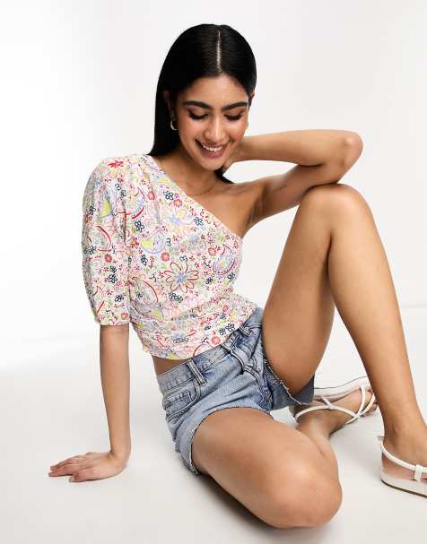 ASOS DESIGN one shoulder festival top with ruched side in paisley print - view 1