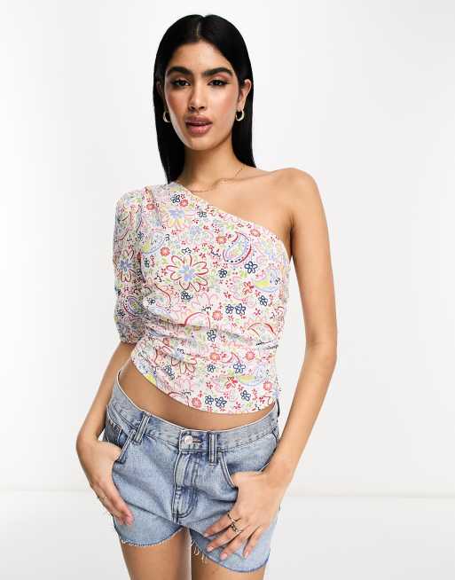 ASOS DESIGN one shoulder festival top with ruched side in paisley print