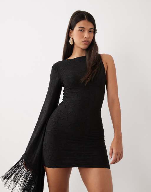 ASOS DESIGN one shoulder floral devore mini dress with fringe detail in black, 2 of 4