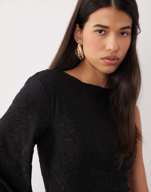 ASOS DESIGN one shoulder floral devore mini dress with fringe detail in black, 3 of 4