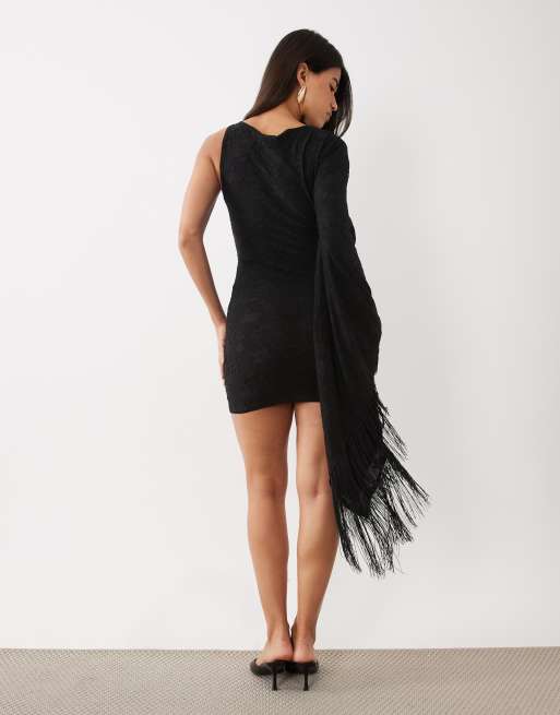 ASOS DESIGN one shoulder floral devore mini dress with fringe detail in black, 4 of 4