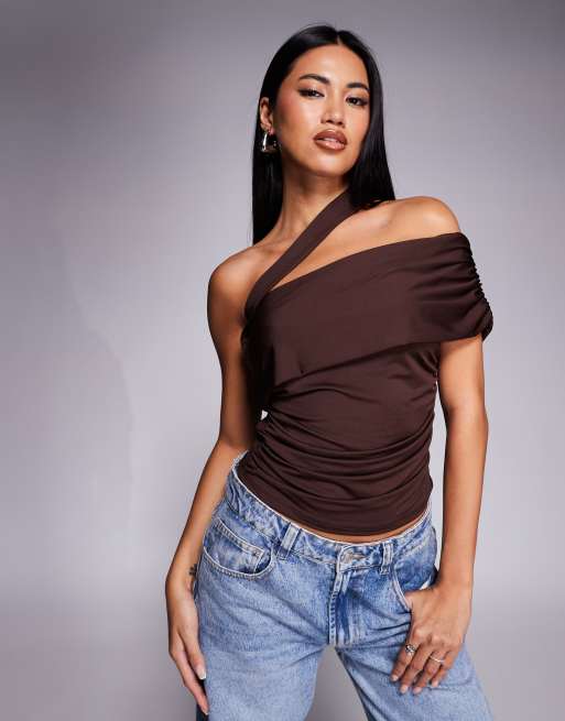 ASOS DESIGN one shoulder fold over bardot top in brown