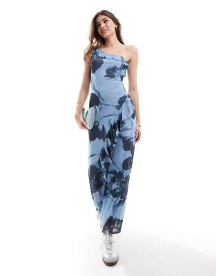 Asos Design One Shoulder Frill Maxi Dress With Ruffles In Blue Floral Print-multi