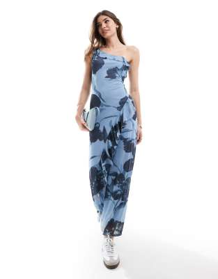 ASOS DESIGN one shoulder frill maxi dress with ruffles in blue floral print-Multi