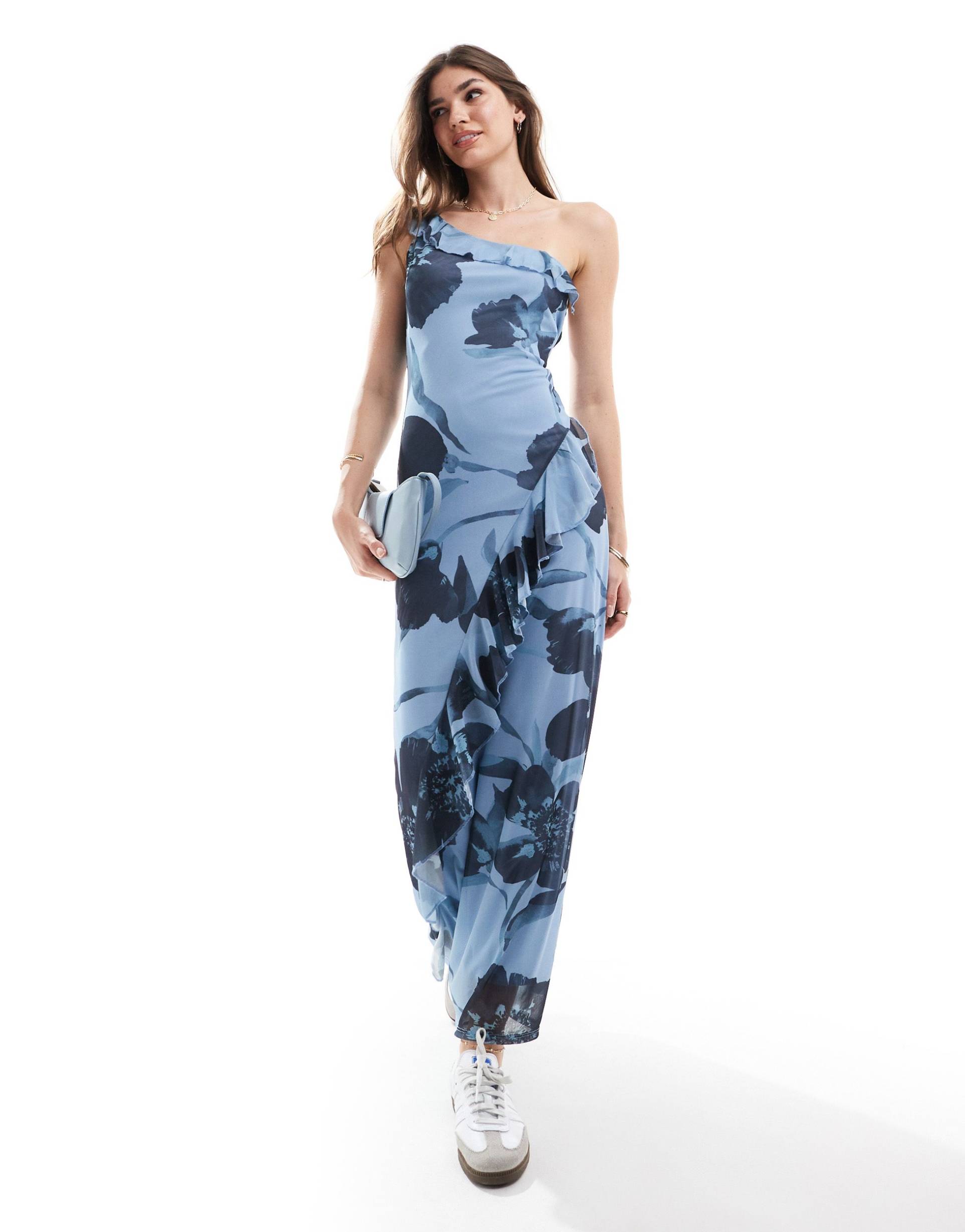 asos design one shoulder frill maxi dress with ruffles in blue floral print