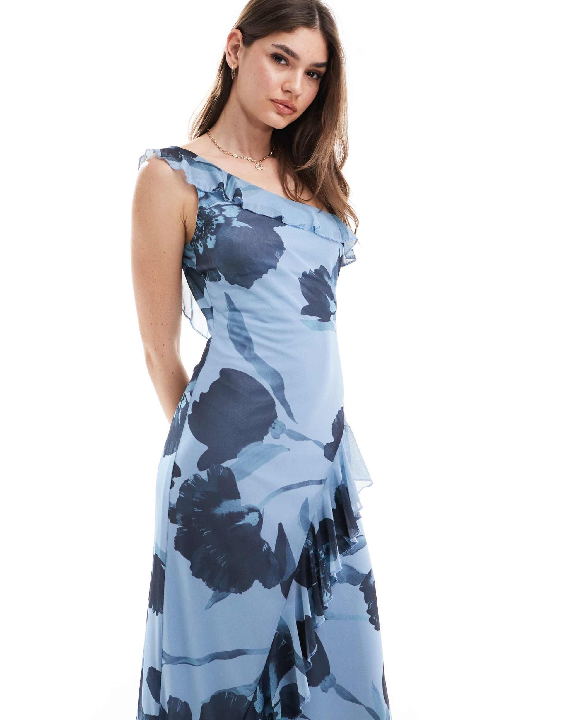 asos design one shoulder frill maxi dress with ruffles in blue floral print