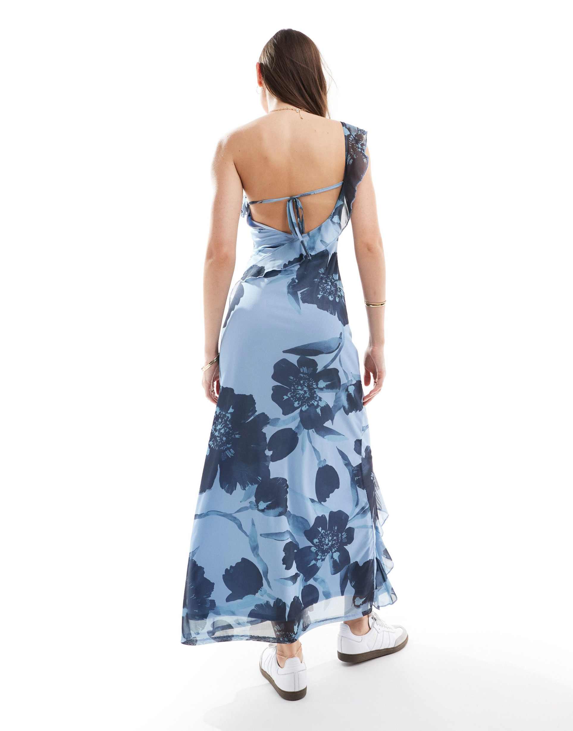 asos design one shoulder frill maxi dress with ruffles in blue floral print