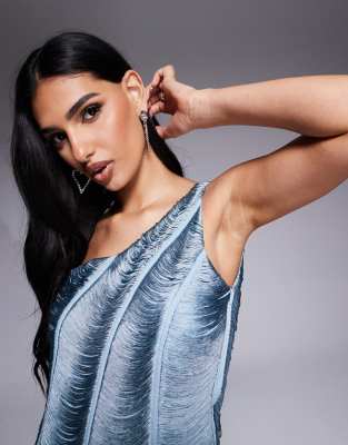 ASOS DESIGN one shoulder fringe draped mini dress in sea blue