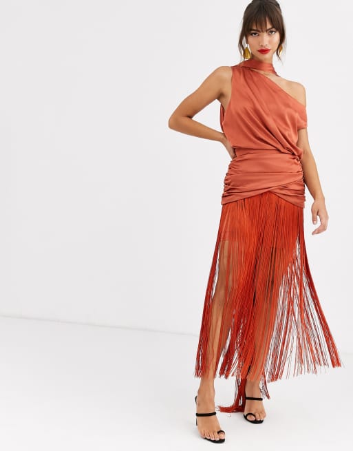 ASOS DESIGN one shoulder fringe maxi dress with satin top | ASOS