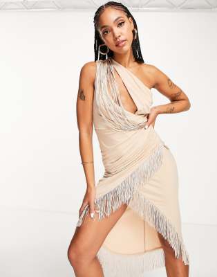 ASOS DESIGN one shoulder fringe midi dress in stone