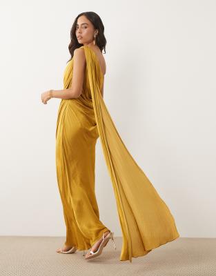 Asos Design One Shoulder Gathered Draped Satin Maxi Dress In Gold
