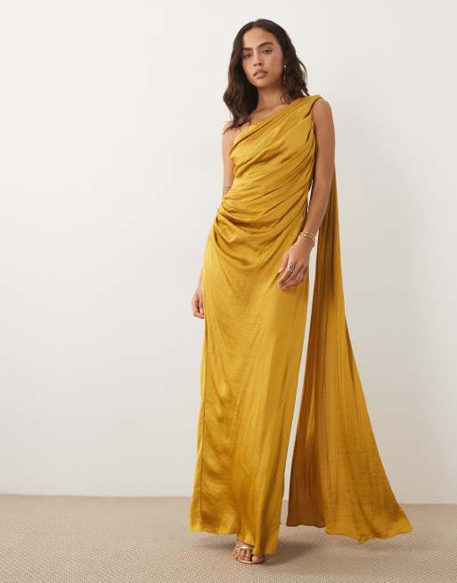 asos yellow satin dress Rent DESIGN Tall Milkmaid Lace Trim Maxi With Strappy Back In Gold suitable for any event or celebration. Midi Dress Gold Bandeau Dress