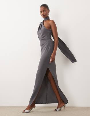 Asos Design One Shoulder Gathered Waist Maxi Dress With Scarf In Green