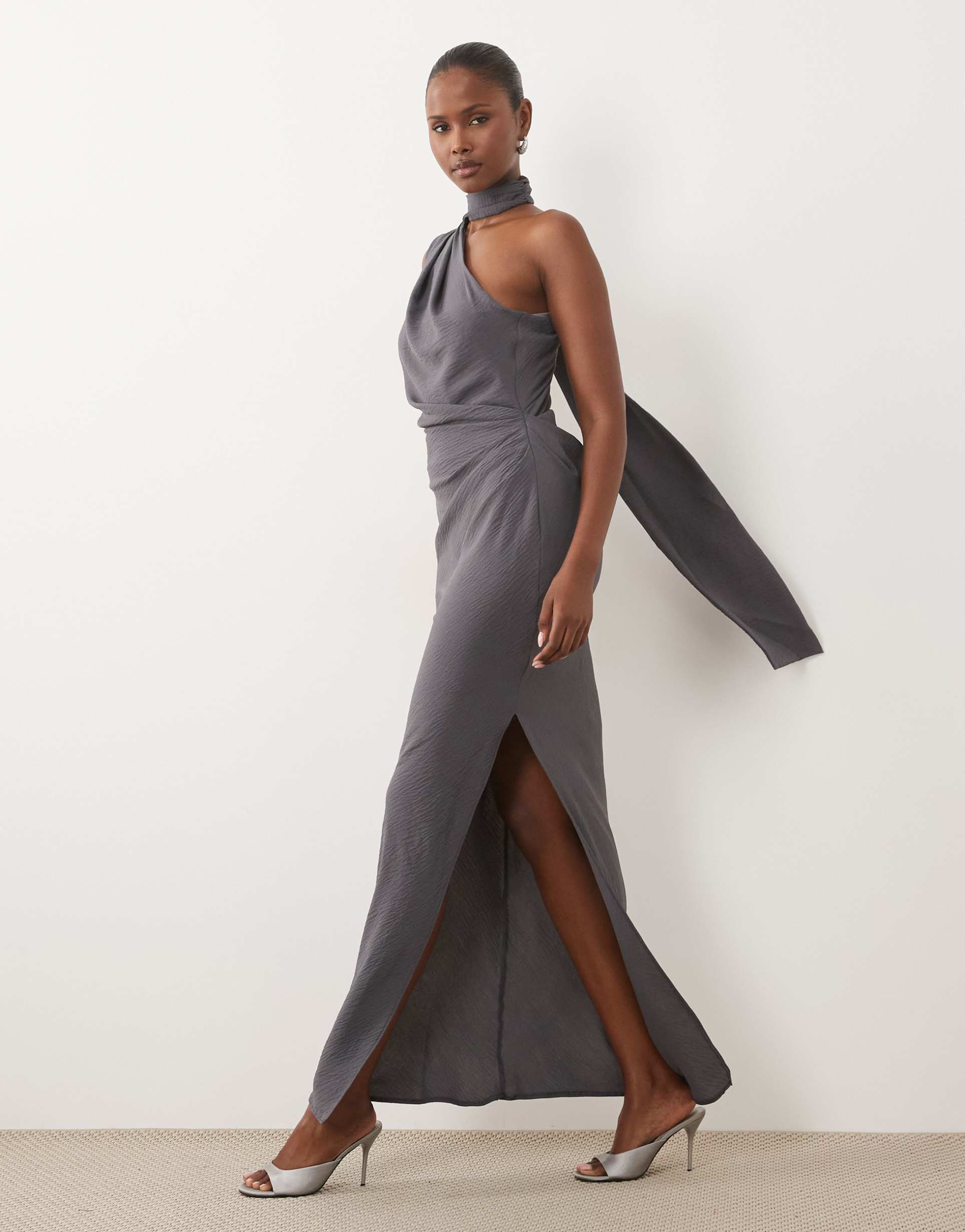 asos design one shoulder gathered waist maxi dress with scarf in blue gray