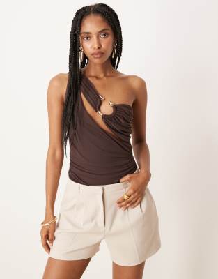 Asos Design One-shoulder Gold Detail Mesh Bodysuit In Burgundy