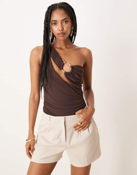 ASOS DESIGN one-shoulder gold detail mesh bodysuit in chocolate - view 1
