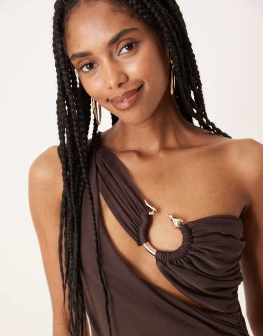 ASOS DESIGN one-shoulder gold detail mesh bodysuit in chocolate, 3 of 4