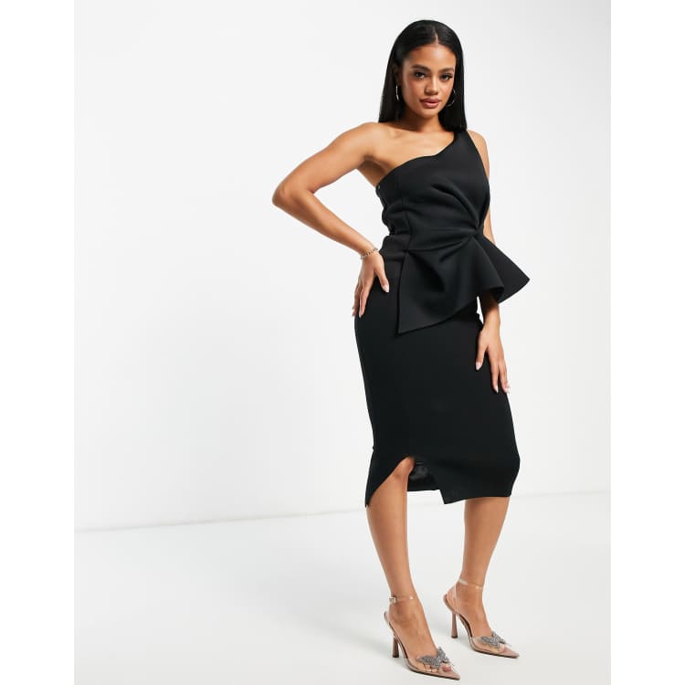 ASOS DESIGN one shoulder half pephem pencil midi dress in black ASOS