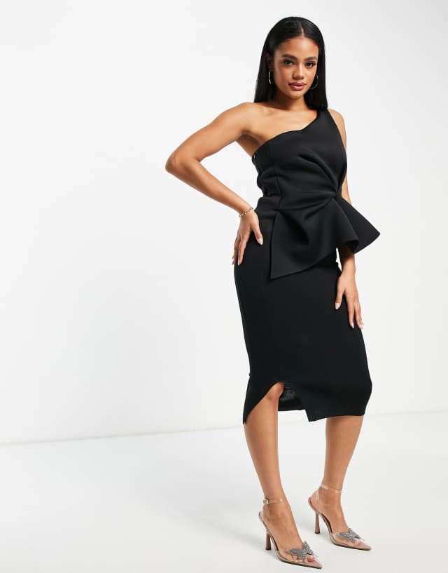 ASOS DESIGN one shoulder half pephem pencil midi dress in black