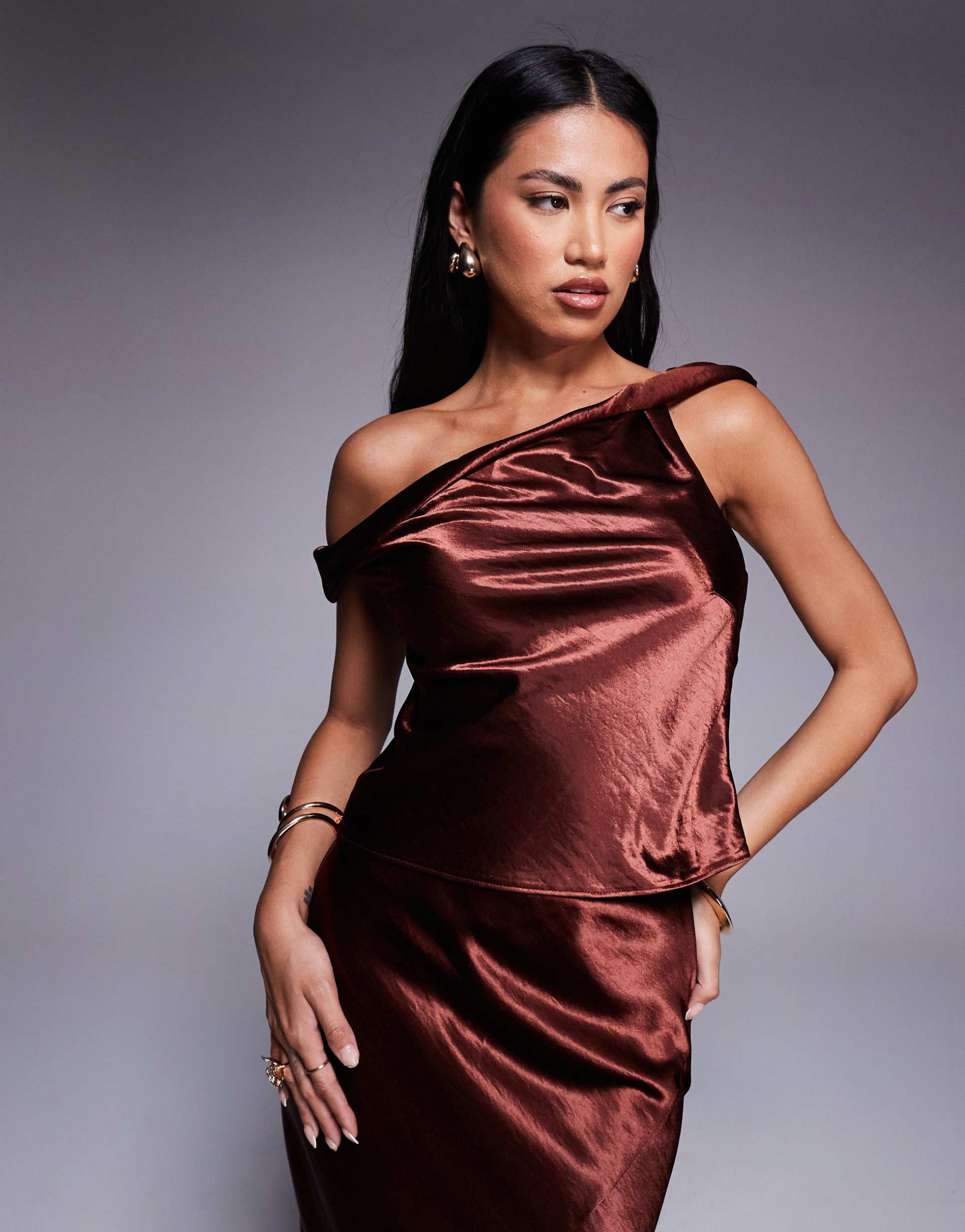 asos design one shoulder high shine top in brown - part of a set