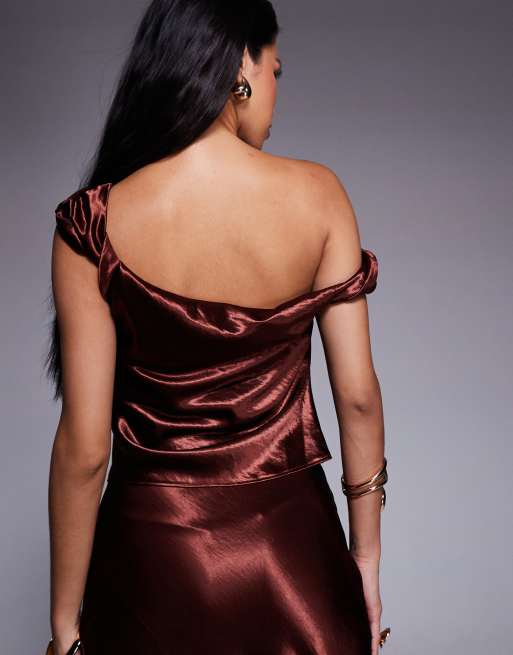 ASOS DESIGN one shoulder high shine top in brown (part of a set), 2 of 4