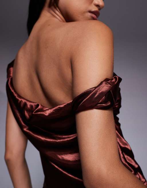 ASOS DESIGN one shoulder high shine top in brown (part of a set), 4 of 4