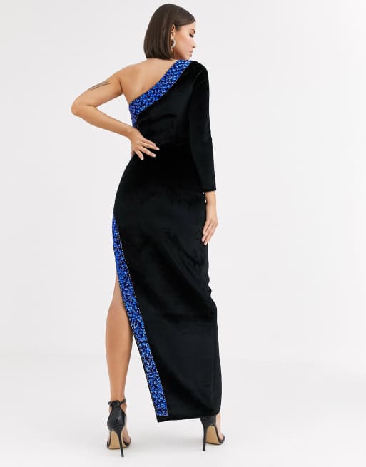 Asos design one shoulder 2025 sparkle velvet maxi dress