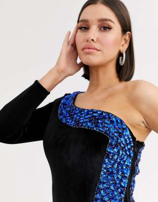 asos design one shoulder sparkle velvet maxi dress