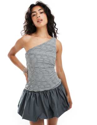 Asos Design One Shoulder Hybrid Puffball Mini Dress With Textured Ribbed Top In Gray