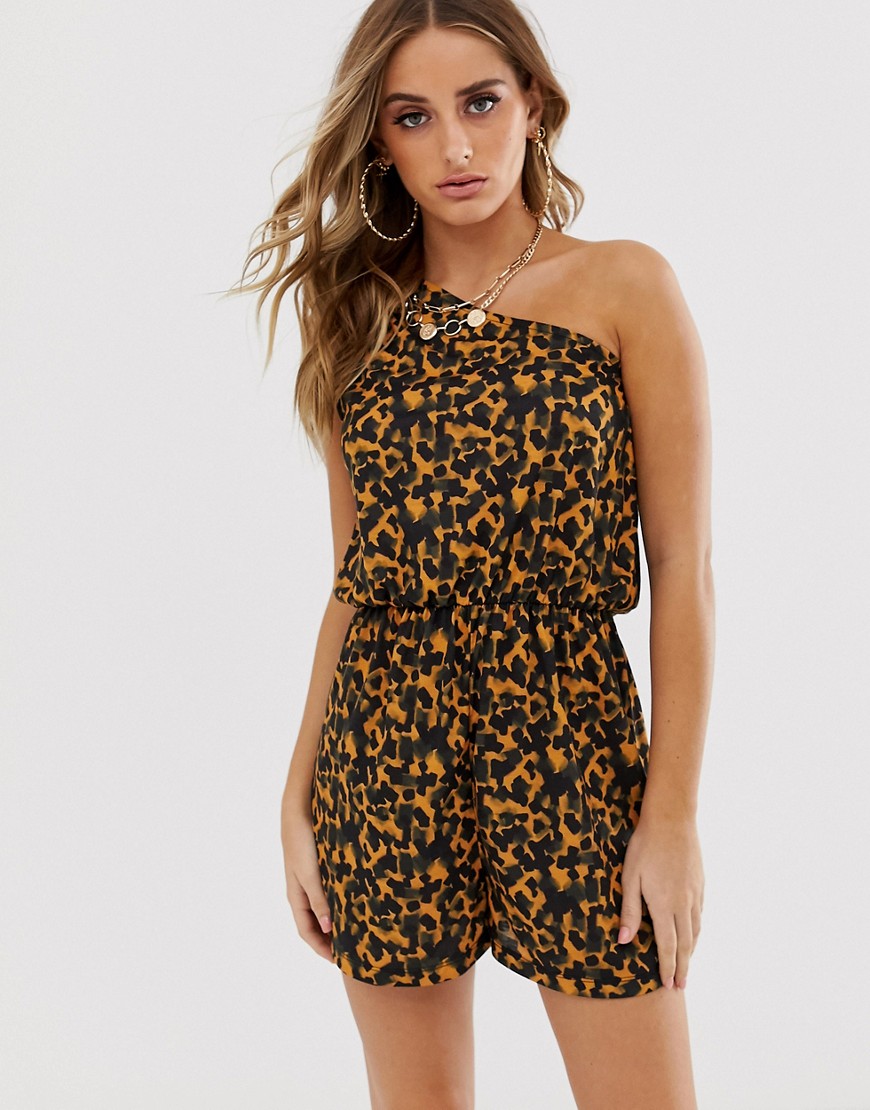 ASOS DESIGN one shoulder jersey beach playsuit in tortoise shell print-Multi