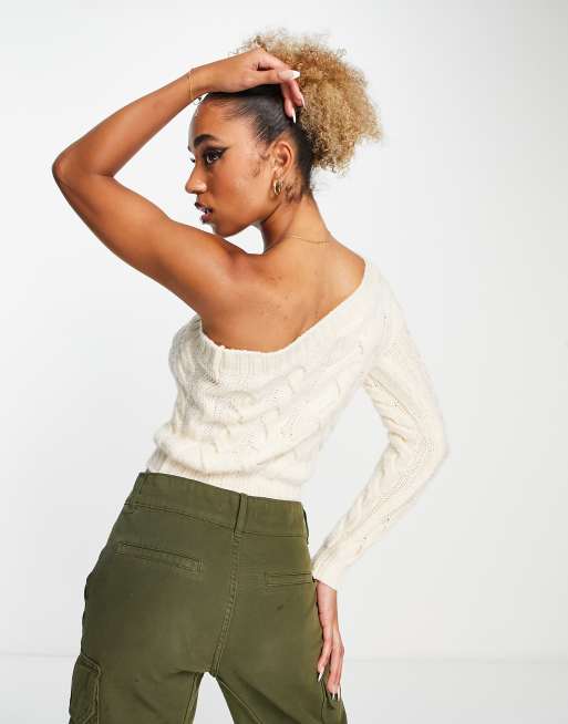 ASOS DESIGN one shoulder jumper in cable in cream ASOS