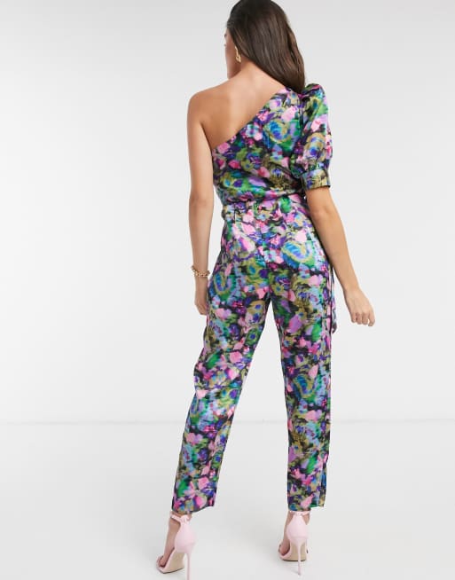 ASOS DESIGN – One-Shoulder-Jumpsuit in Rosa mit Puffärmeln und verschwommenem Blumenmuster, 2 von 4