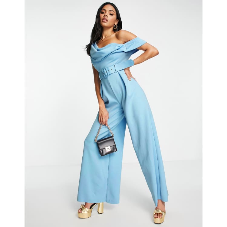 ASOS DESIGN one shoulder jumpsuit with culotte leg in bright blue