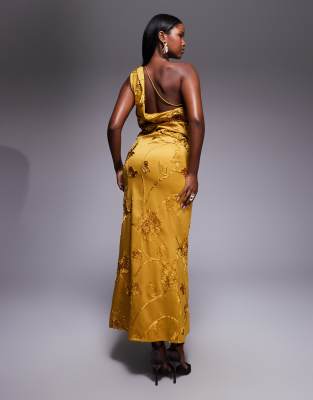 ASOS DESIGN - One-Shoulder-Kleid in Ocker mit Faltenlegung und Stickerei in Midaxilänge-Gelb