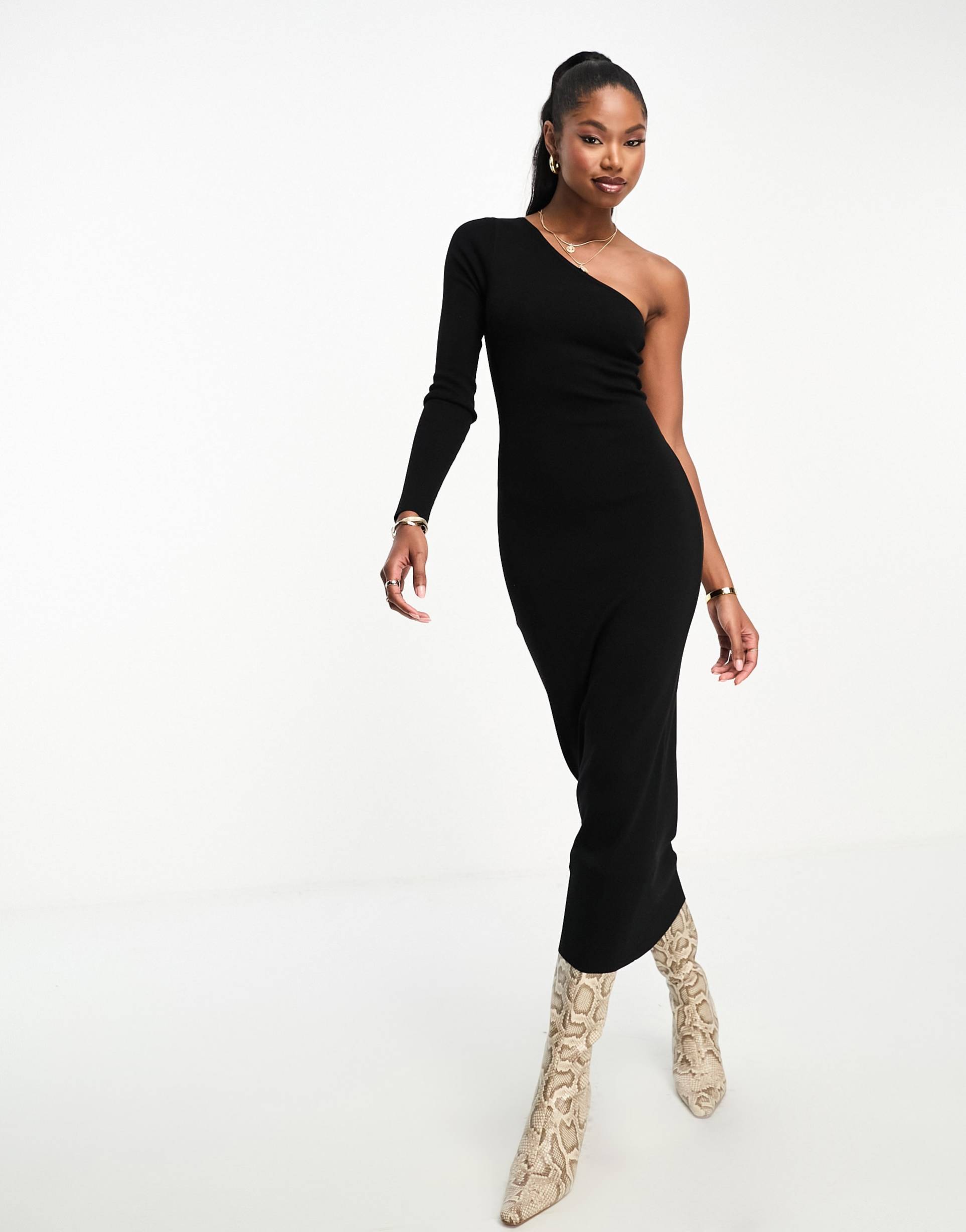 asos design one-shoulder knit maxi dress in black