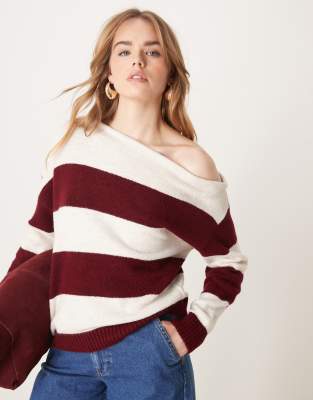 one shoulder knit sweater in burgundy stripe-Multi