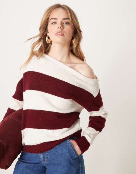 ASOS DESIGN one shoulder knit sweater in burgundy stripe - view 1