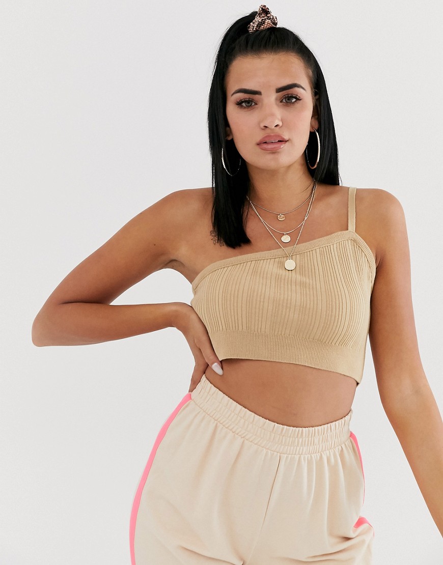 ASOS DESIGN one shoulder knitted crop top-Stone